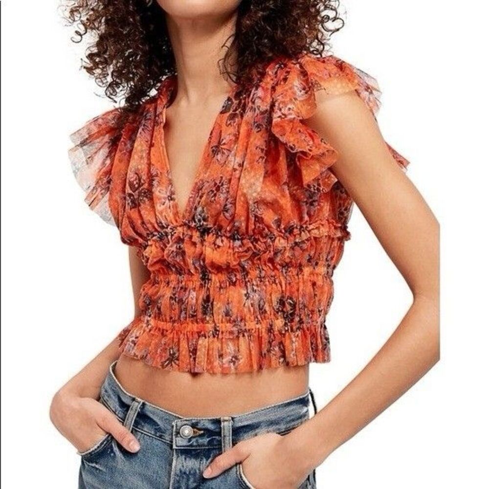 Free People Make Me Smile Floral Mesh Flutter Sleeve Crop Top XSmall